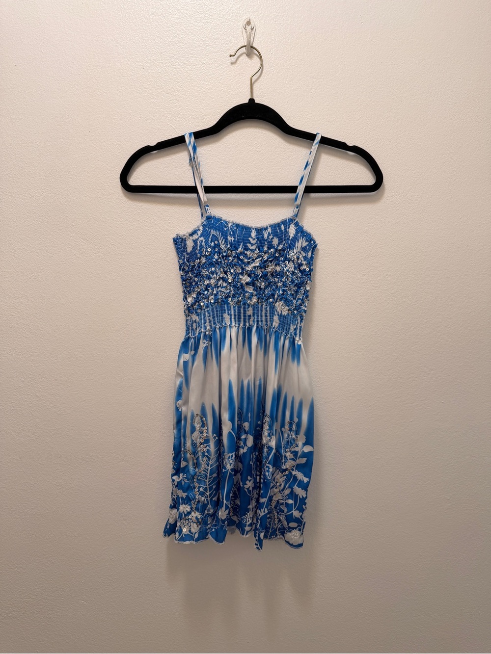 Blue White Y2K Sequin Floral Smocked Cami Top